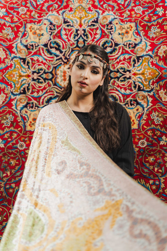 Kashmiri Kalamkari Sozni Work Shawl - White | Handmade - Kashmir Jama