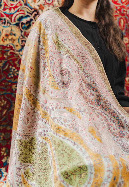 Kashmiri Kalamkari Sozni Work Shawl - White | Handmade - Kashmir Jama