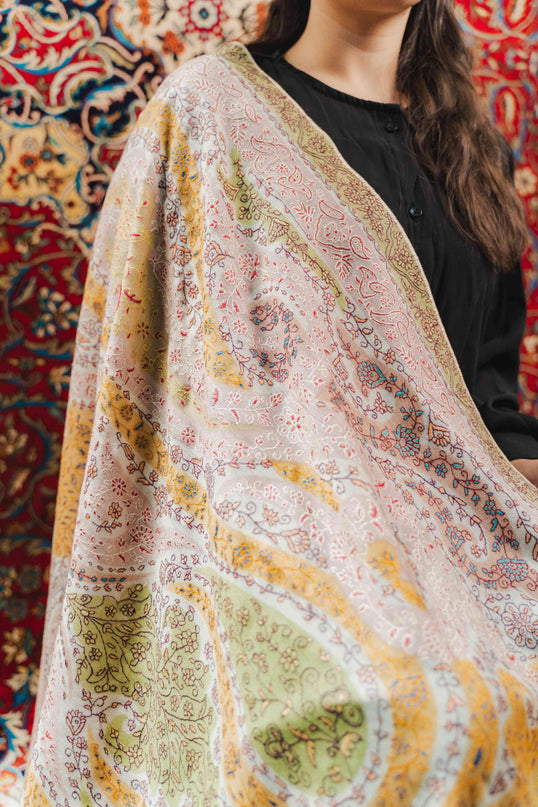 Kashmiri Kalamkari Sozni Work Shawl - White | Handmade - Kashmir Jama