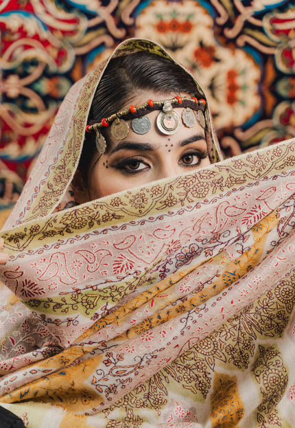 Kashmiri Kalamkari Sozni Work Shawl - White | Handmade - Kashmir Jama