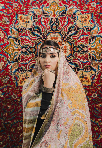 Kashmiri Kalamkari Sozni Work Shawl - White | Handmade - Kashmir Jama