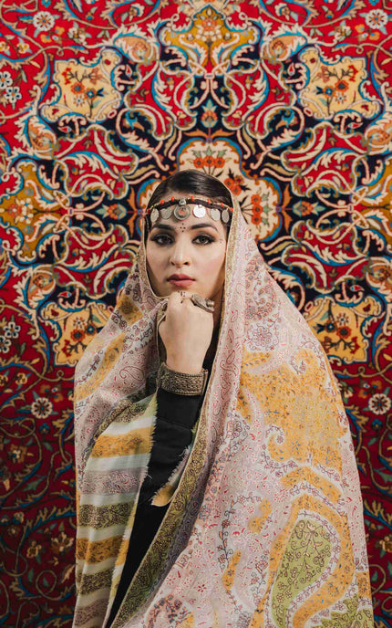 Kashmiri Kalamkari Sozni Work Shawl - White | Handmade - Kashmir Jama