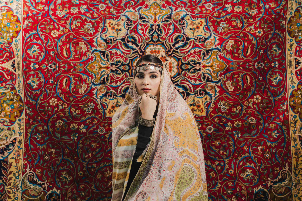 Kashmiri Kalamkari Sozni Work Shawl - White | Handmade - Kashmir Jama