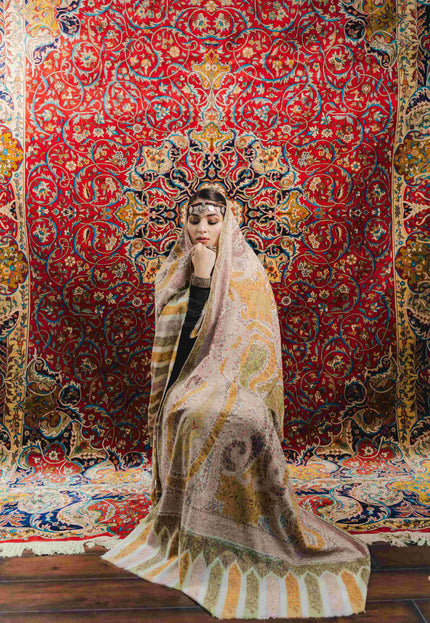Kashmiri Kalamkari Sozni Work Shawl - White | Handmade - Kashmir Jama