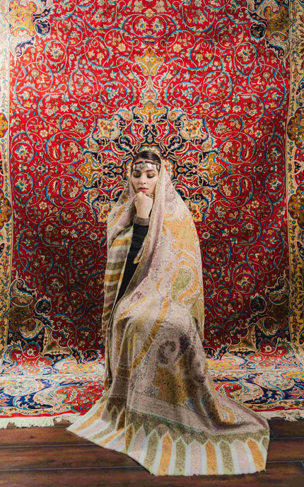 Kashmiri Kalamkari Sozni Work Shawl - White | Handmade - Kashmir Jama