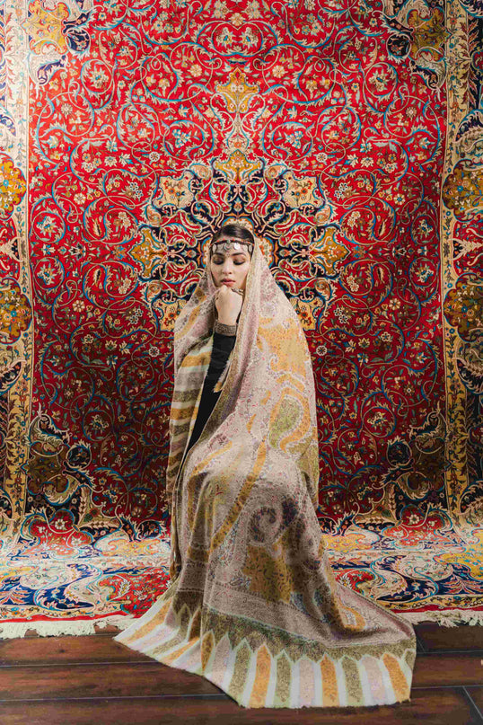 Kashmiri Kalamkari Sozni Work Shawl - White | Handmade - Kashmir Jama