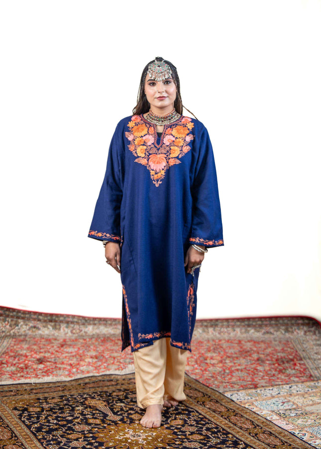 Kashmiri Aari Work Phiran - Royal Blue - Kashmir Jama
