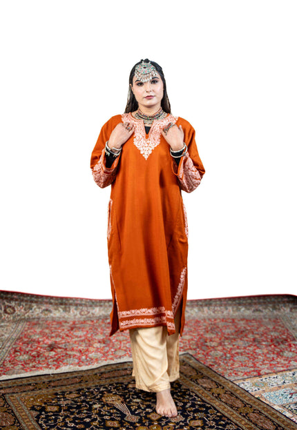 Kashmiri White Aari Work Phiran - Rust - Kashmir Jama