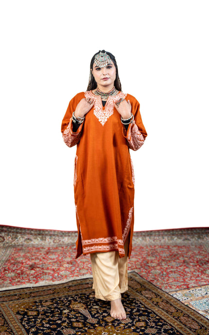 Kashmiri White Aari Work Phiran - Rust - Kashmir Jama