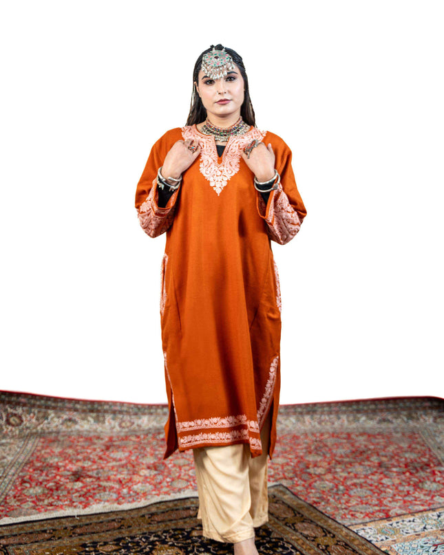 Kashmiri White Aari Work Phiran - Rust - Kashmir Jama