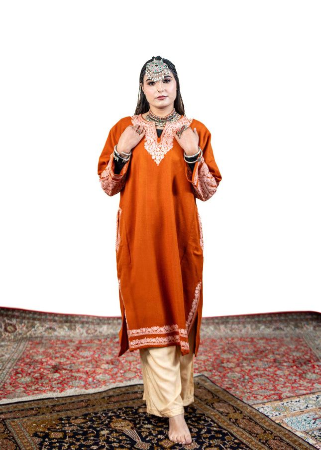 Kashmiri White Aari Work Phiran - Rust - Kashmir Jama