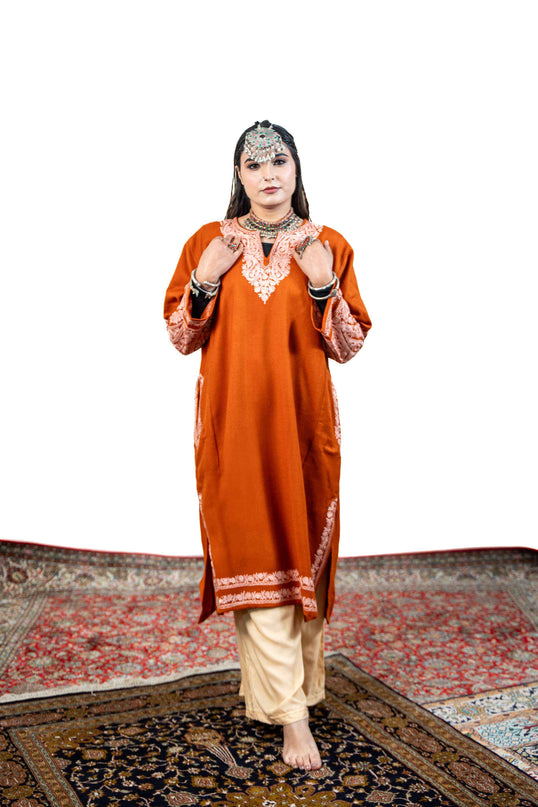 Kashmiri White Aari Work Phiran - Rust - Kashmir Jama