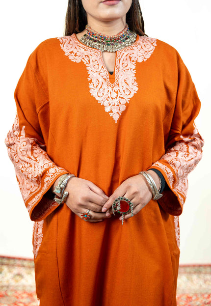 Kashmiri White Aari Work Phiran - Rust - Kashmir Jama