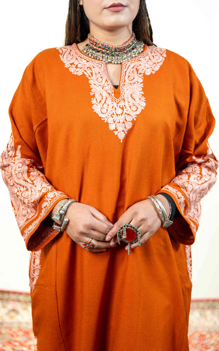 Kashmiri White Aari Work Phiran - Rust - Kashmir Jama