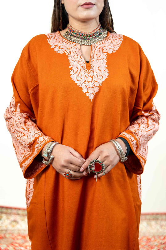 Kashmiri White Aari Work Phiran - Rust - Kashmir Jama