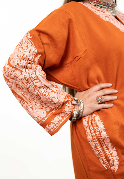 Kashmiri White Aari Work Phiran - Rust - Kashmir Jama