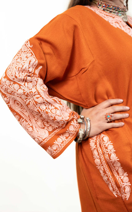 Kashmiri White Aari Work Phiran - Rust - Kashmir Jama