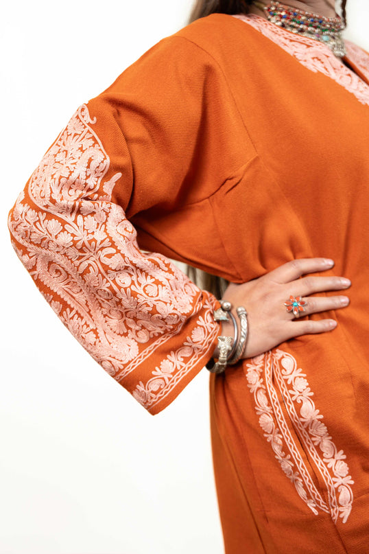 Kashmiri White Aari Work Phiran - Rust - Kashmir Jama