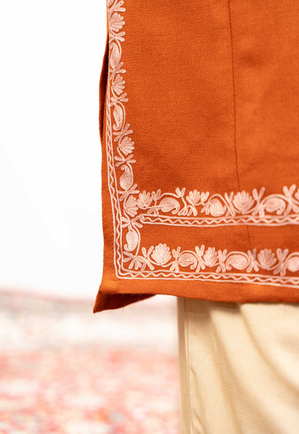 Kashmiri White Aari Work Phiran - Rust - Kashmir Jama
