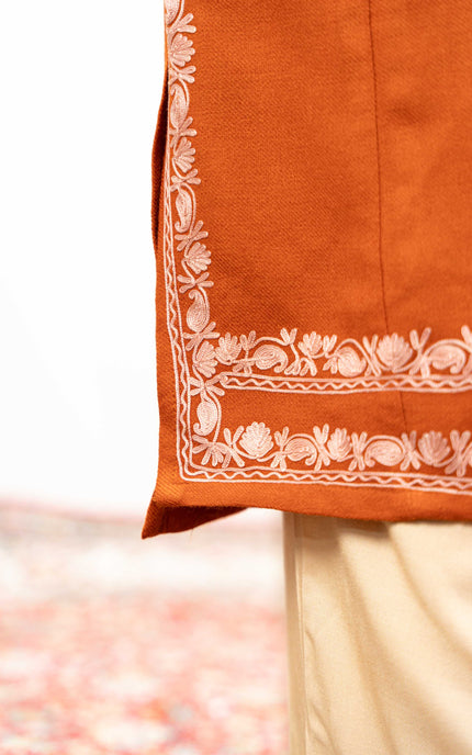 Kashmiri White Aari Work Phiran - Rust - Kashmir Jama