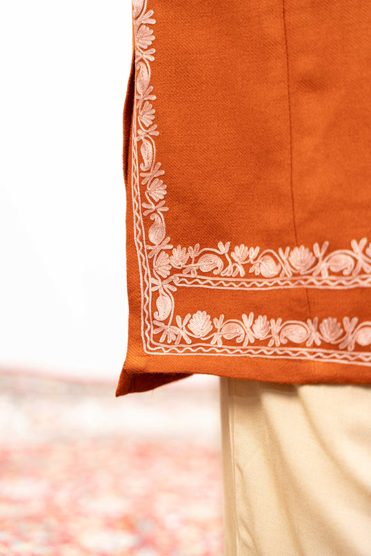 Kashmiri White Aari Work Phiran - Rust - Kashmir Jama
