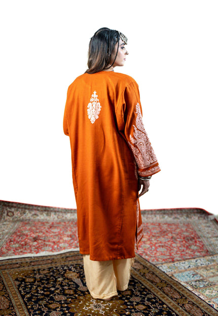 Kashmiri White Aari Work Phiran - Rust - Kashmir Jama