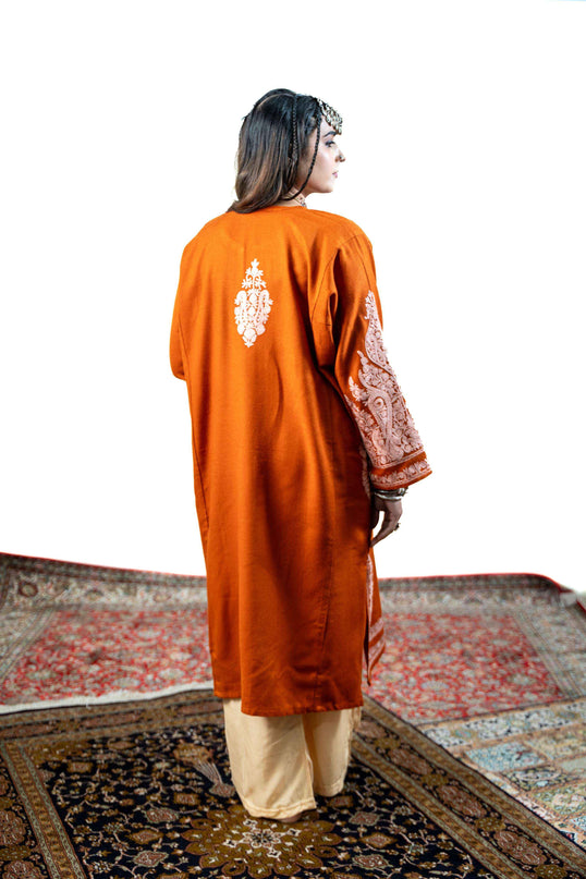 Kashmiri White Aari Work Phiran - Rust - Kashmir Jama