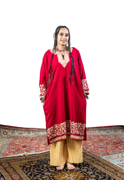 Kashmiri Aari Work Phiran - Brilliant Red - Kashmir Jama