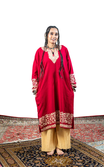 Kashmiri Aari Work Phiran - Brilliant Red - Kashmir Jama