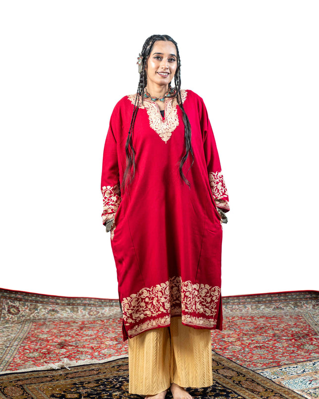 Kashmiri Aari Work Phiran - Brilliant Red - Kashmir Jama