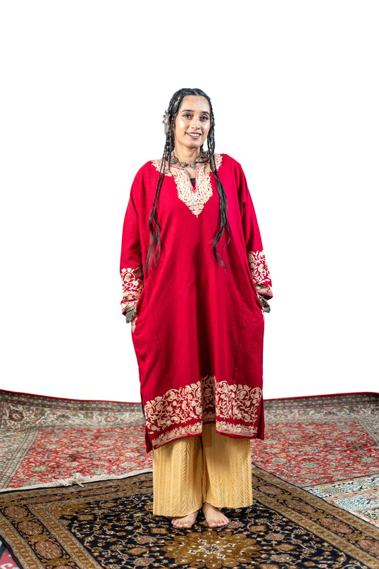 Kashmiri Aari Work Phiran - Brilliant Red - Kashmir Jama