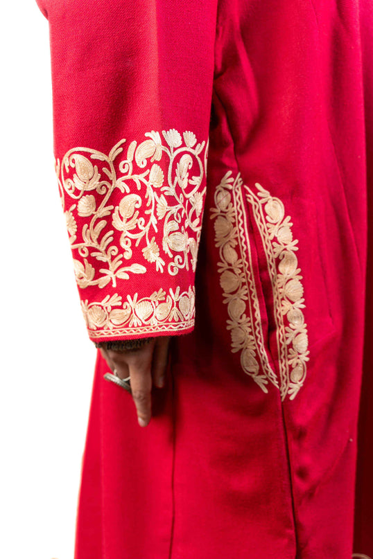 Kashmiri Aari Work Phiran - Brilliant Red - Kashmir Jama