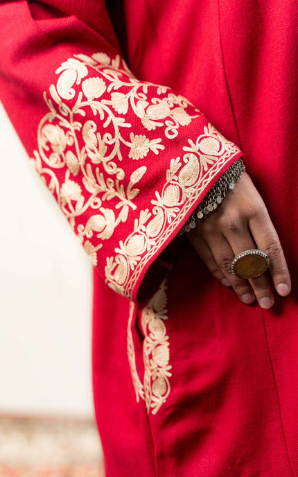 Kashmiri Aari Work Phiran - Brilliant Red - Kashmir Jama