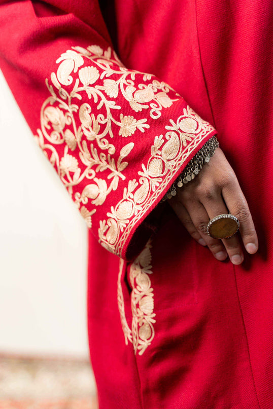 Kashmiri Aari Work Phiran - Brilliant Red - Kashmir Jama