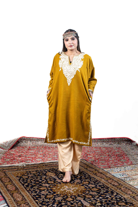 Kashmiri White Aari Work Phiran - Mustard - Kashmir Jama