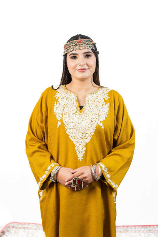 Kashmiri White Aari Work Phiran - Mustard - Kashmir Jama