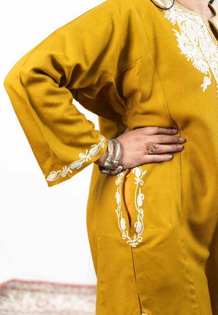 Kashmiri White Aari Work Phiran - Mustard - Kashmir Jama