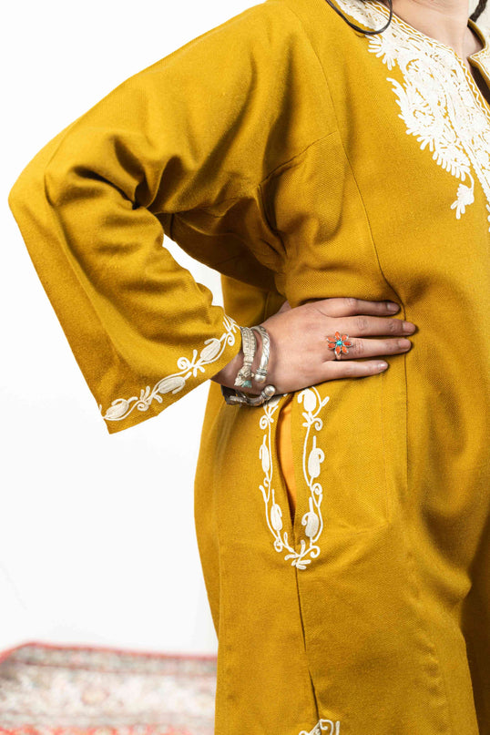 Kashmiri White Aari Work Phiran - Mustard - Kashmir Jama