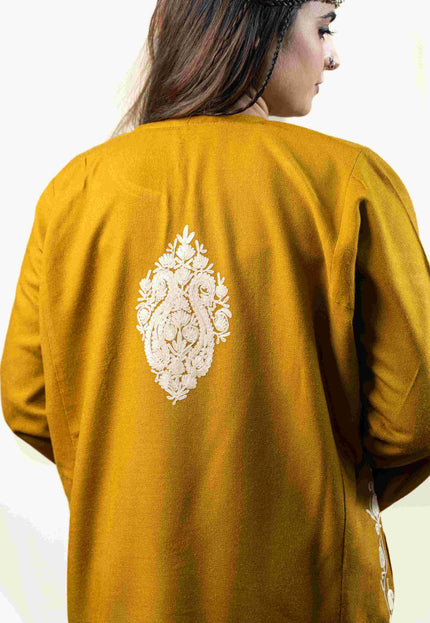 Kashmiri White Aari Work Phiran - Mustard - Kashmir Jama