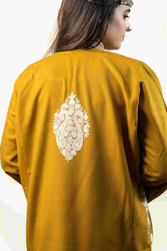 Kashmiri White Aari Work Phiran - Mustard - Kashmir Jama