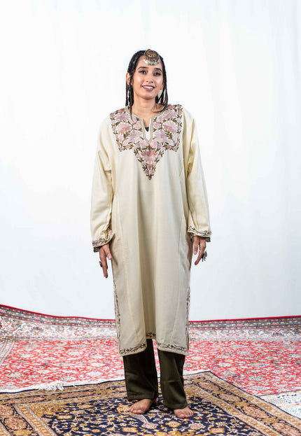 Kashmiri Aari Work Phiran - Pearl White - Kashmir Jama