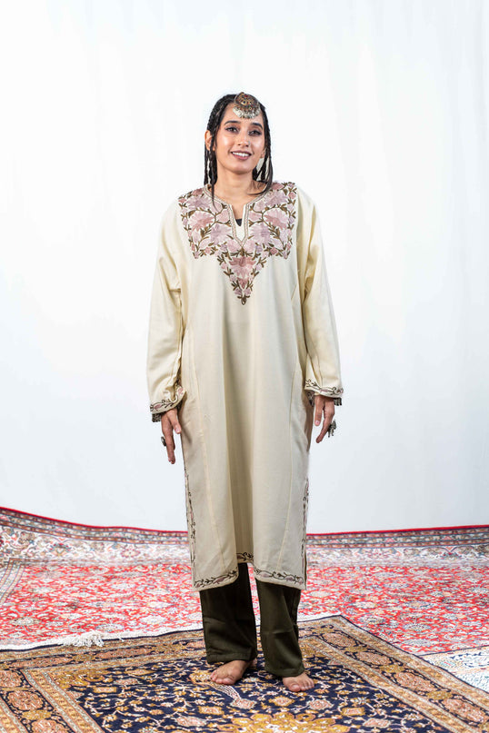 Kashmiri Aari Work Phiran - Pearl White - Kashmir Jama