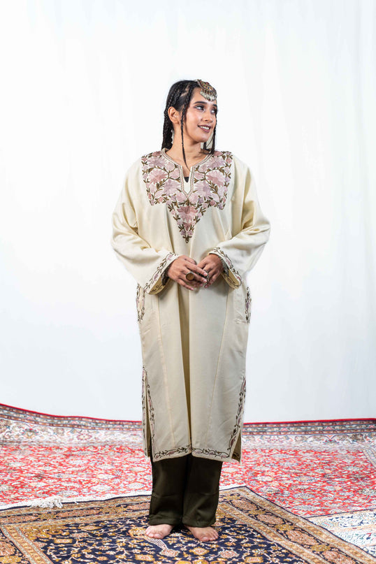Kashmiri Aari Work Phiran - Pearl White - Kashmir Jama