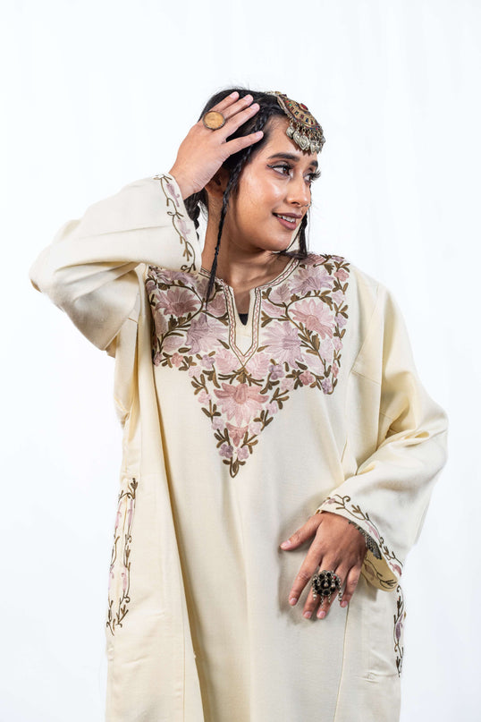 Kashmiri Aari Work Phiran - Pearl White - Kashmir Jama