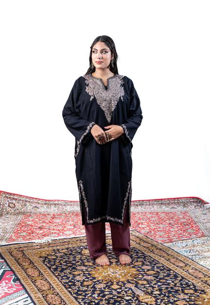Kashmiri Pastel Aari Work Phiran - Black | Rezkaar