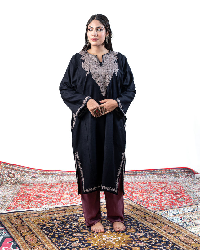 Kashmiri Pastel Aari Work Phiran - Black | Rezkaar