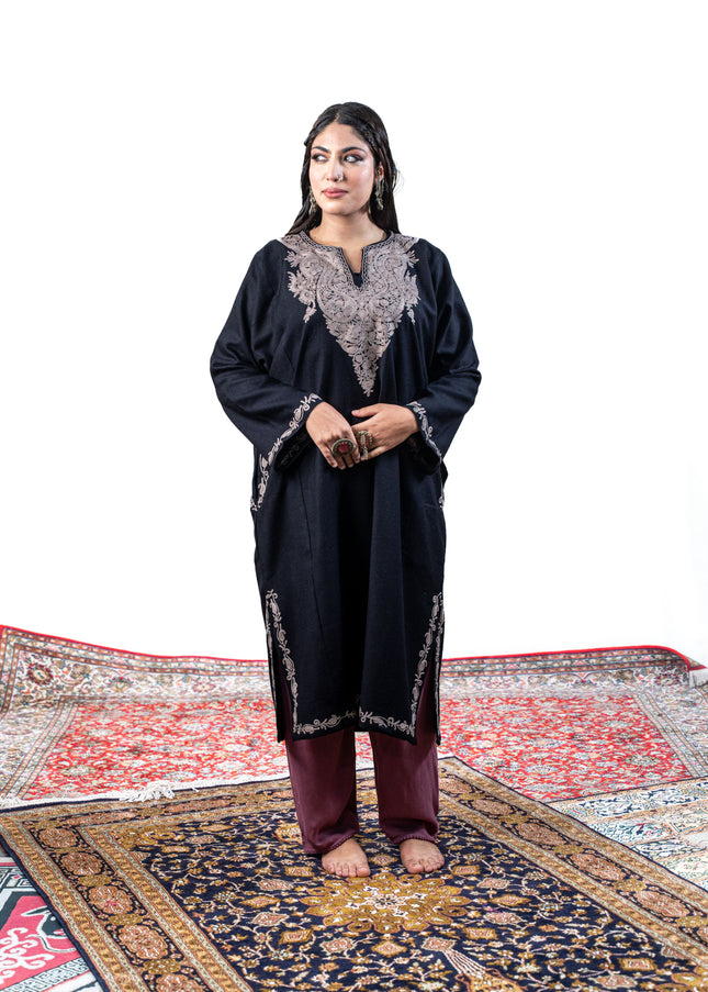 Kashmiri Pastel Aari Work Phiran - Black | Rezkaar