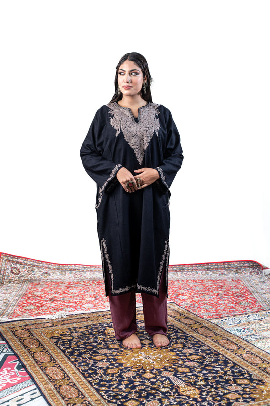 Kashmiri Pastel Aari Work Phiran - Black | Rezkaar