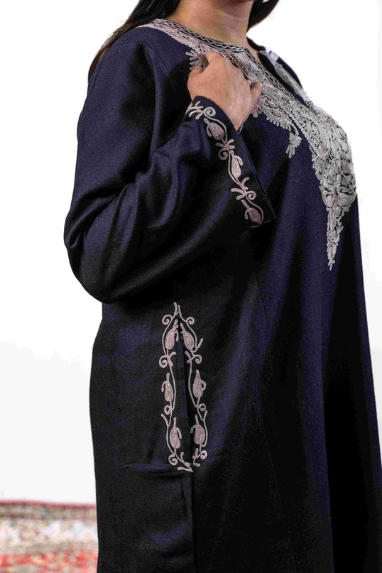 Kashmiri Pastel Aari Work Phiran - Black | Rezkaar - Kashmir Jama