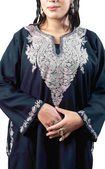 Kashmiri Pastel Aari Work Phiran - Black | Rezkaar - Kashmir Jama